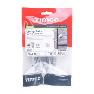 TIMCO Carriage Bolts DIN603, Hex Full Nuts DIN934 & Form A DIN125-A Washer Exterior Silver - M6 x 100