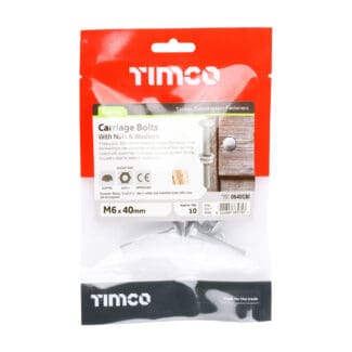 TIMCO Carriage Bolts DIN603, Hex Full Nuts DIN934 & Form A DIN125-A Washer Exterior Silver - M6 x 40