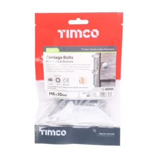 TIMCO Carriage Bolts DIN603, Hex Full Nuts DIN934 & Form A DIN125-A Washer Exterior Silver - M6 x 50