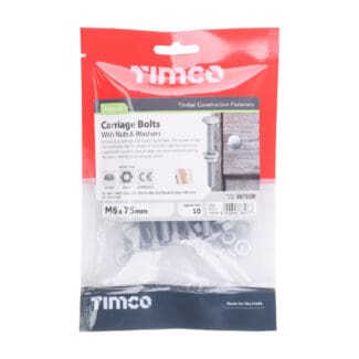 TIMCO Carriage Bolts DIN603, Hex Full Nuts DIN934 & Form A DIN125-A Washer Exterior Silver - M6 x 75
