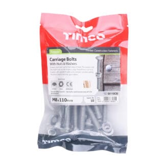 TIMCO Carriage Bolts DIN603, Hex Full Nuts DIN934 & Form A DIN125-A Washer Exterior Silver - M8 x 110