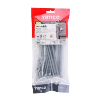 TIMCO Carriage Bolts DIN603, Hex Full Nuts DIN934 & Form A DIN125-A Washer Exterior Silver - M8 x 150