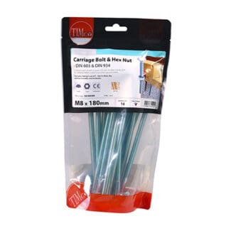 TIMCO Carriage Bolts DIN603 & Hex Full Nut DIN934 Silver - M8 x 180