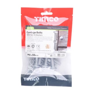 TIMCO Carriage Bolts DIN603, Hex Full Nuts DIN934 & Form A DIN125-A Washer Exterior Silver - M8 x 50