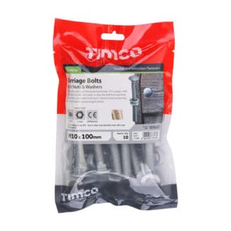 TIMCO Carriage Bolts DIN603, Hex Full Nuts DIN934 & Form A DIN125-A Washer Exterior Silver - M10 x 100