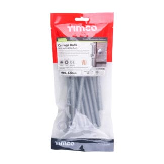 TIMCO Carriage Bolts DIN603, Hex Full Nuts DIN934 & Form A DIN125-A Washer Exterior Silver - M10 x 120
