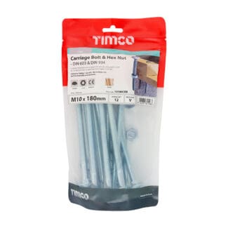 TIMCO Carriage Bolts DIN603 & Hex Full Nut DIN934 Silver - M10 x 180