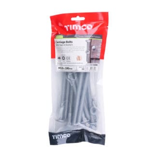 TIMCO Carriage Bolts DIN603, Hex Full Nuts DIN934 & Form A DIN125-A Washer Exterior Silver - M10 x 180