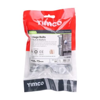 TIMCO Carriage Bolts DIN603, Hex Full Nuts DIN934 & Form A DIN125-A Washer Exterior Silver - M10 x 75