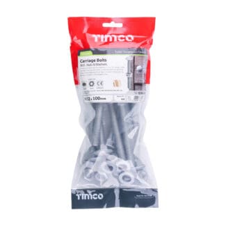 TIMCO Carriage Bolts DIN603, Hex Full Nuts DIN934 & Form A DIN125-A Washer Exterior Silver - M12 x 100