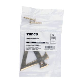 Timco Door Numeral 4 Polished Brass  - 75mm