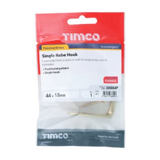 Timco Single Robe Hook Polished Brass  - 44 x 18mm