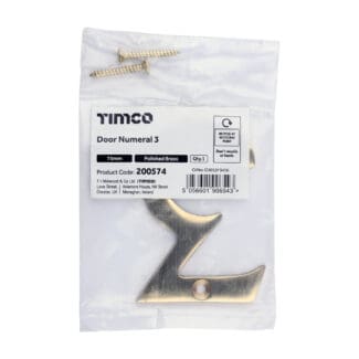 Timco Door Numeral 3 Polished Brass  - 75mm