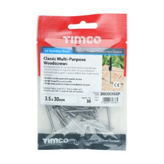 TIMCO Classic Multi-Purpose Countersunk A2 Stainless Steel Woodcrews - 3.5 x 30 - Mini Pack