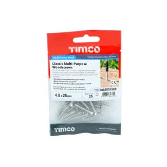 TIMCO Classic Multi-Purpose Countersunk A2 Stainless Steel Woodcrews - 4.0 x 25 - Mini Pack