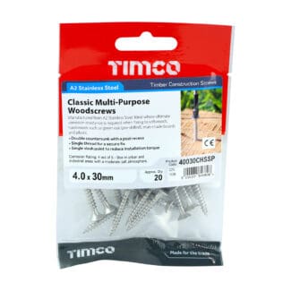 TIMCO Classic Multi-Purpose Countersunk A2 Stainless Steel Woodcrews - 4.0 x 30 - Mini Pack