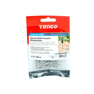 TIMCO Classic Multi-Purpose Countersunk A2 Stainless Steel Woodcrews - 4.0 x 40 - Mini Pack
