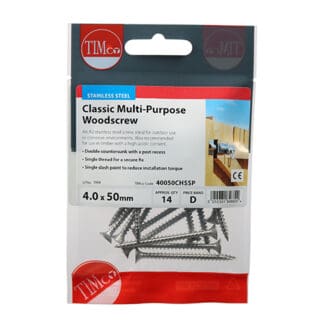 TIMCO Classic Multi-Purpose Countersunk A2 Stainless Steel Woodcrews - 4.0 x 50 - Mini Pack
