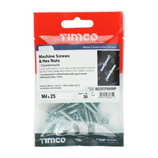 TIMCO Machine Countersunk Screws & Hex Nut Silver - M4 x 25