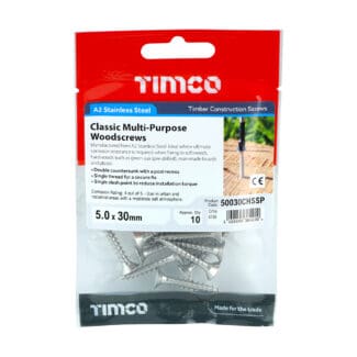 TIMCO Classic Multi-Purpose Countersunk A2 Stainless Steel Woodcrews - 5.0 x 30 - Mini Pack