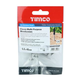TIMCO Classic Multi-Purpose Countersunk A2 Stainless Steel Woodcrews - 5.0 x 40 - Mini Pack