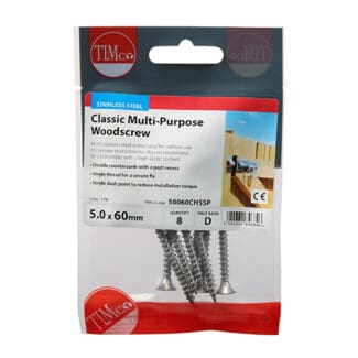 TIMCO Classic Multi-Purpose Countersunk A2 Stainless Steel Woodcrews - 5.0 x 60 - Mini Pack