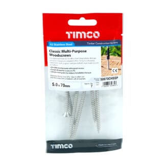 TIMCO Classic Multi-Purpose Countersunk A2 Stainless Steel Woodcrews - 5.0 x 70 - Mini Pack