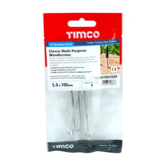 TIMCO Classic Multi-Purpose Countersunk A2 Stainless Steel Woodcrews - 5.0 x 100 - Mini Pack