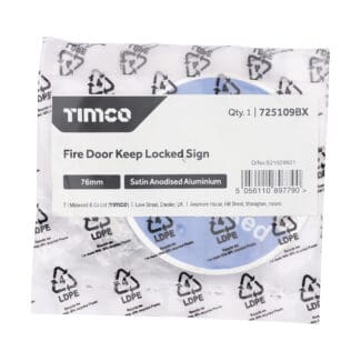 Timco Fire Door Keep Locked Sign Satin Anodised Aluminium  - 76mm