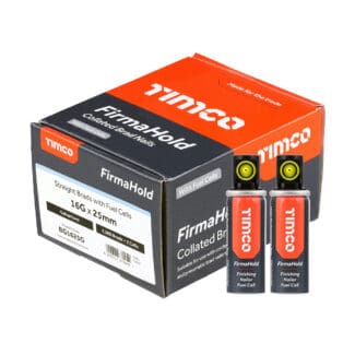 TIMCO FirmaHold Collated 16 Gauge Straight Galvanised Brad Nails & Fuel Cells - 16g x 25 + 2 Fuel Cells