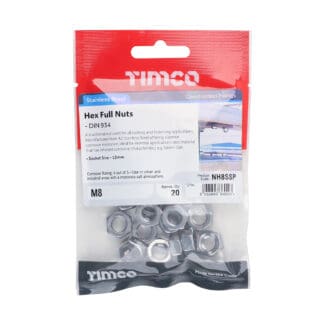 TIMCO Hex Full Nuts DIN934 A2 Stainless Steel - M8