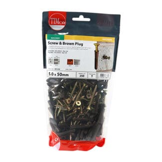 TIMCO Brown Premium Plastic Plugs With Twin-Threaded Countersunk Silver Woodscrews - 35mm Brown Plug, 5.0x50 Screw