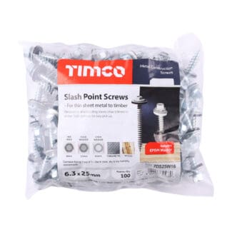 TIMCO Slash Point Sheet Metal to Timber Screws Silver with EPDM Washer - 6.3 x 25