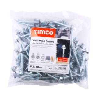 TIMCO Slash Point Sheet Metal to Timber Screws Silver with EPDM Washer - 6.3 x 60