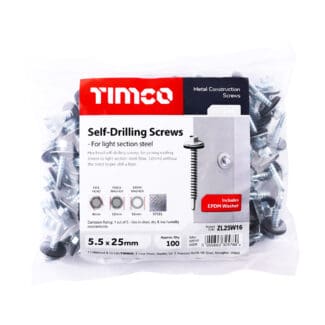 TIMCO Self-Drilling Light Section Silver Screws with EPDM Washer - 5.5 x 25