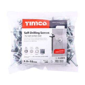 TIMCO Self-Drilling Light Section Silver Screws with EPDM Washer - 5.5 x 32