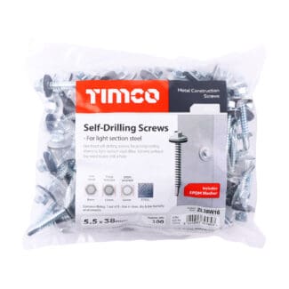 TIMCO Self-Drilling Light Section Silver Screws with EPDM Washer - 5.5 x 38